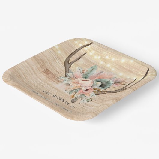 Boho Deer Antlers en Florals Wood Wedding Papieren Bordje (Gebogen)