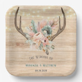 Boho Deer Antlers en Florals Wood Wedding Papieren Bordje (Voorkant)