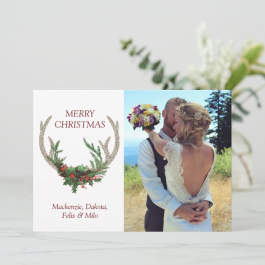 Boho Deer Antlers | Rustige kerstfoto Feestdagenkaart (Staand voorkant)