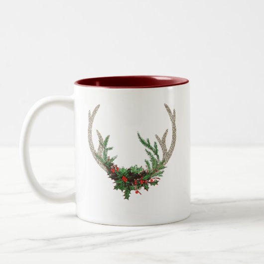 Boho Deer Antlers | Rustische kerstbeker Tweekleurige Koffiemok (Links)