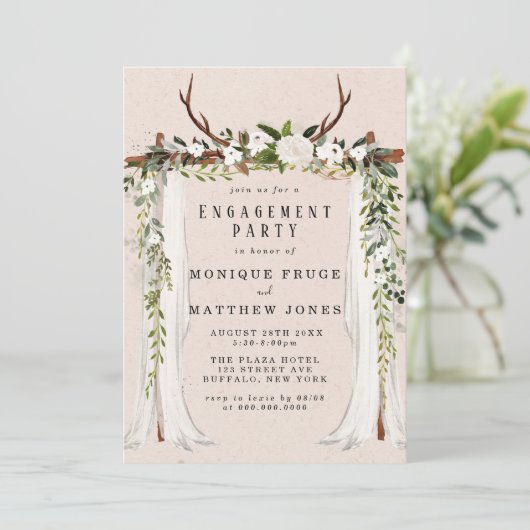 Boho Deer Antlers White Canopy Engagement Party Kaart (Staand voorkant)