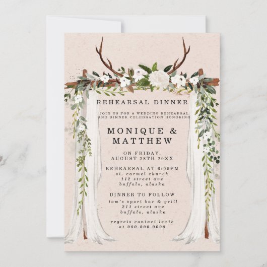Boho Deer Antlers White Canopy Rehearsal Dinner Kaart (Voorkant)
