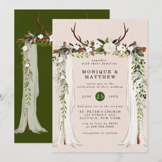 Boho Deer Antlers White Canopy Rustic Wedding Kaart (Voorkant / Achterkant)