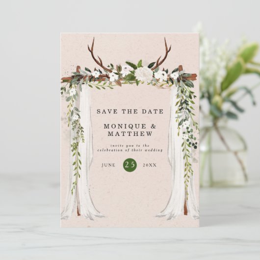 Boho deer Antlers White Canopy Save the Date Kaart (Staand voorkant)