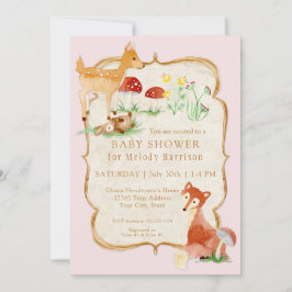 BOHO Deer Fox Owl Forest Pink Girl Baby shower Kaart