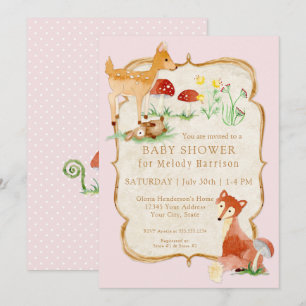 BOHO Deer Fox Owl Forest Pink Girl Baby shower Kaart