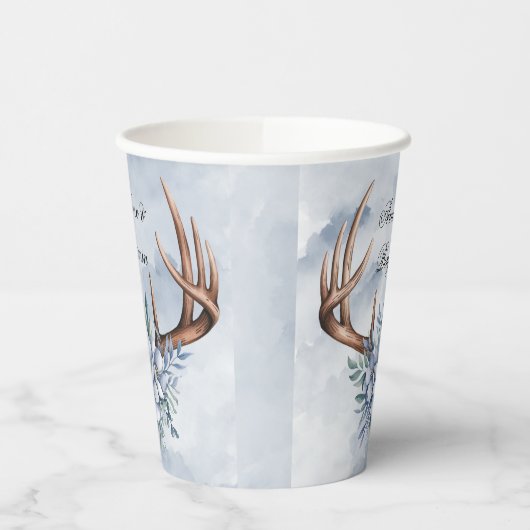 Boho Deer gewei met blauwe bloemen bruiloft Papieren Bekers (Links)