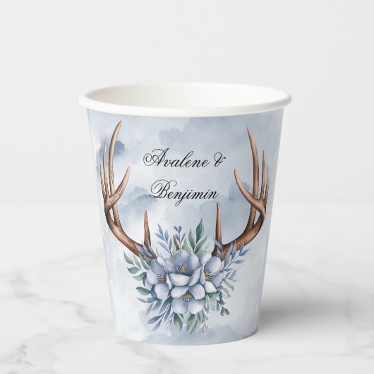 Boho Deer gewei met blauwe bloemen bruiloft Papieren Bekers (Voorkant)