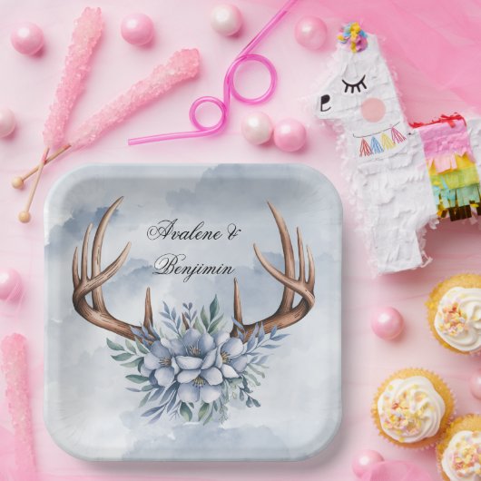 Boho Deer gewei met blauwe bloemen bruiloft Papieren Bordje (Feest)