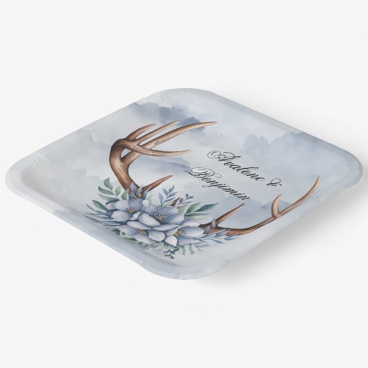 Boho Deer gewei met blauwe bloemen bruiloft Papieren Bordje (Gebogen)