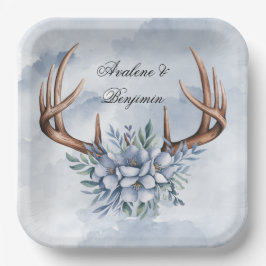 Boho Deer gewei met blauwe bloemen bruiloft Papieren Bordje