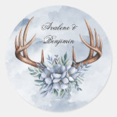 Boho Deer gewei met blauwe bloemen bruiloft Ronde Sticker (Voorkant)