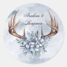 Boho Deer gewei met blauwe bloemen bruiloft Ronde Sticker