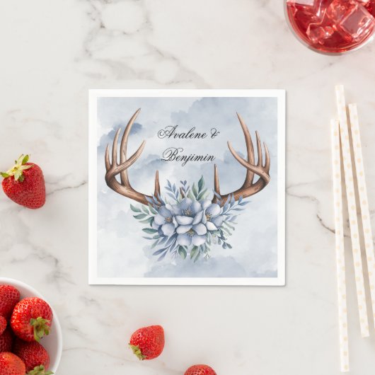Boho Deer gewei met blauwe bloemen bruiloft Servet (Insitu)