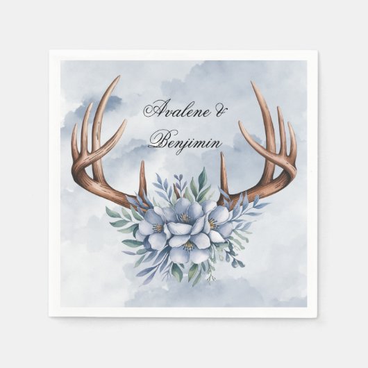 Boho Deer gewei met blauwe bloemen bruiloft Servet (Voorkant)