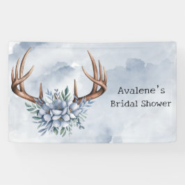 Boho Deer gewei met blauwe bloemen bruiloft Spandoek