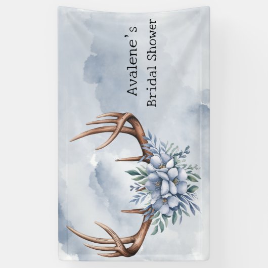 Boho Deer gewei met blauwe bloemen bruiloft Spandoek (Verticaal)