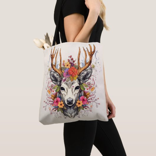 Boho Deer Kleurrijke Bloemen Tote Bag (Dichtbij)