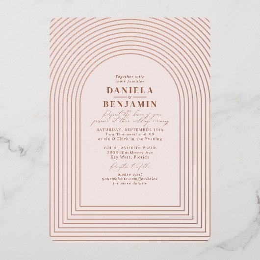Boho Delicate Terracotta Blush Wedding Arch Folie Uitnodiging (Voorkant)