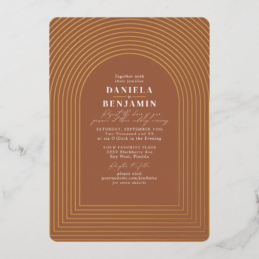 Boho Delicate Terracotta Rust Wedding Arch Folie Uitnodiging (Voorkant)