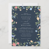 Boho Delicate Wilde Bloemen Navy Trouwfeest Kaart (Voorkant)
