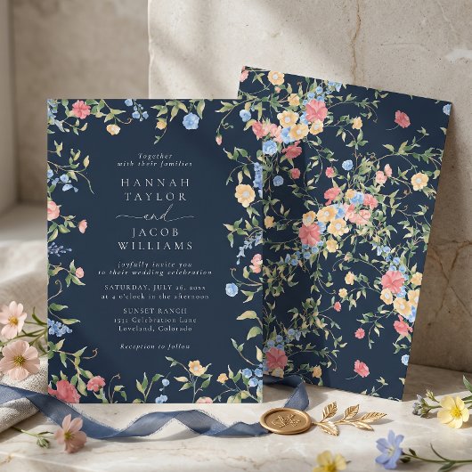 Boho Delicate Wilde Bloemen Navy Trouwfeest Kaart