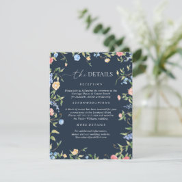 Boho Delicate Wildebloem Navy Blauwe Trouwdetails Informatiekaartje