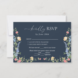 Boho Delicate Wildflower Navy Trouwdag RSVP Kaartje