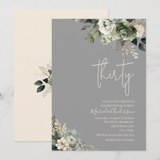 Boho dertig groene bloemen waterverf verjaardag kaart (Voorkant / Achterkant)