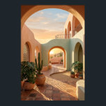 boho-desert-archway-sunset-geometric-courtyard-wal poster<br><div class="desc">Boho desert archway opening to a glowing sunset, with teal and terracotta walls, cacti, and monstera plants in terracotta pots. Clean geometric lines and soft shadows create a cozy modern Mediterranean vibe. Perfect for bedroom, living room, or boho home decor—high-resolution digital art print.</div>