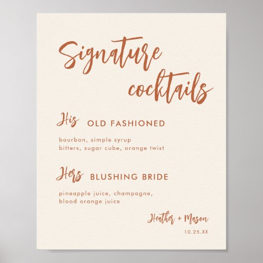 Boho Desert Bruiloft Signature Cocktails Bord Poster (Voorkant)