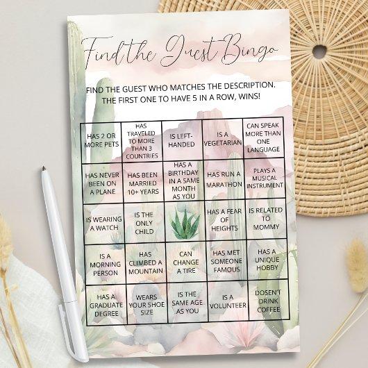 Boho Desert Cactus Baby shower Gast Bingo Spel Flyer