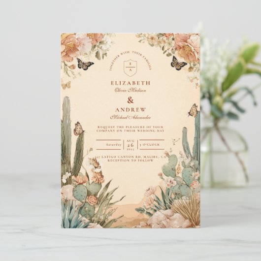 Boho Desert Cactus Floral Wedding Kaart (Staand voorkant)