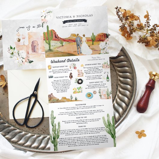 Boho Desert Cactus | Getekende Trouwkaart Drieluik Uitnodiging