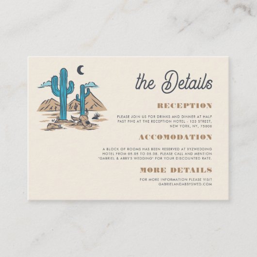 Boho Desert Cactus Retro Arizona Wedding Details Informatiekaartje (Voorkant)