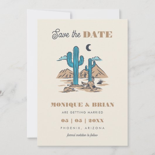 Boho Desert Cactus Retro Arizona Wedding Foto 70's Save The Date (Voorkant)
