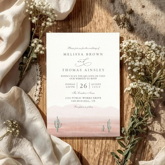 Boho Desert Cactus Rustic Elegant QR Code Wedding Kaart
