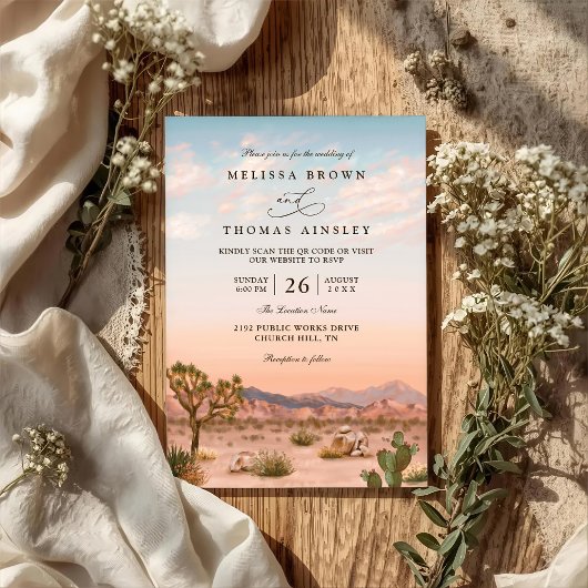 Boho Desert Cactus Rustic Elegant QR Code Wedding Kaart