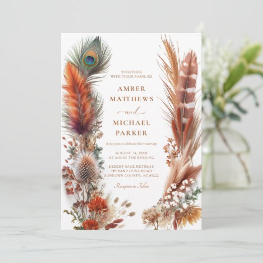 Boho Desert Feather Pampas Wedding Kaart (Staand voorkant)