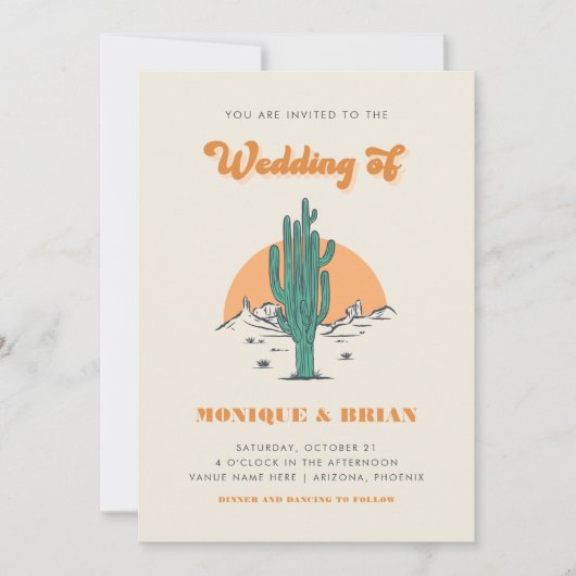 Boho Desert Groovy Retro Cactus & Photo Wedding Kaart (Voorkant)