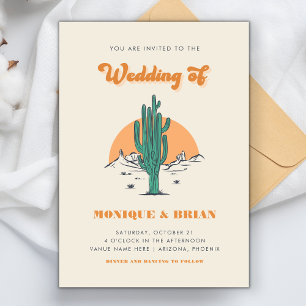 Boho Desert Groovy Retro Cactus & Photo Wedding Kaart