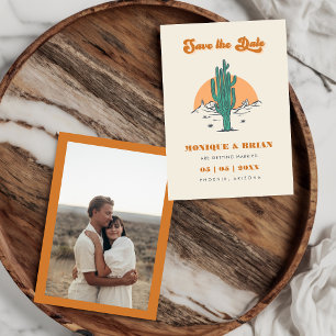 Boho Desert Groovy Retro Cactus & Photo Wedding Save The Date