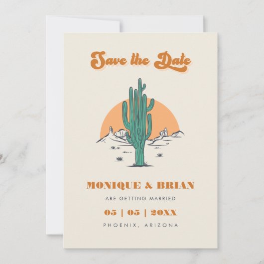 Boho Desert Groovy Retro Cactus & Photo Wedding Save The Date (Voorkant)
