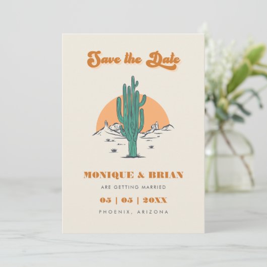 Boho Desert Groovy Retro Cactus & Photo Wedding Save The Date (Staand voorkant)
