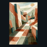 Boho Desert Pathway Sunset, Geometric Arches & Cac Poster<br><div class="desc">Boho desert pathway winding through geometric arches and terracotta walls, with saguaro cactus and golden sunset glow. Teal shadows, clean blocky shapes, and subtle textures create a serene Southwestern mood. Perfect for living room, office, or boho bedroom decor—high-resolution digital landscape art. Transform your space with this minimalist desert sunset pathway....</div>