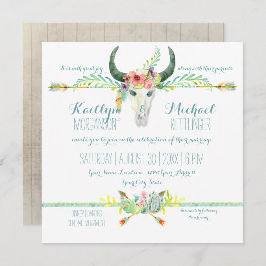 BOHO Desert South West Wood Bloemen Koe Schedel Pi Kaart (Voorkant / Achterkant)