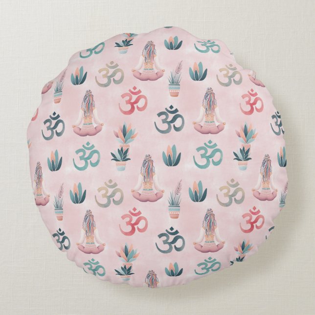 Boho Design- Frau mit Dreadlocks- Meditation- OM Rond Kussen (Achterkant)
