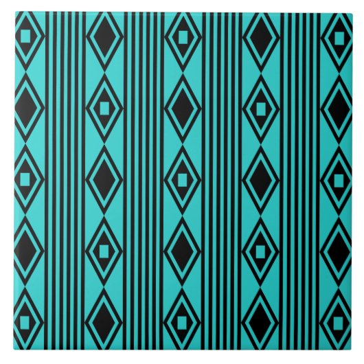Boho Diamonds Stripes Black Turquoise Tegeltje (Voorkant)