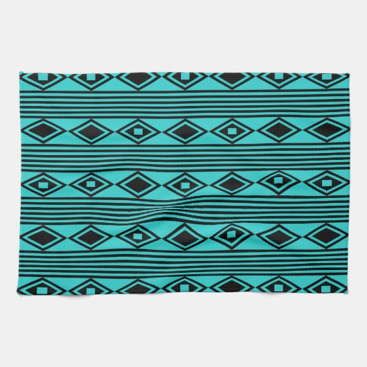 Boho Diamonds Stripes Black Turquoise Theedoek (Horizontaal)