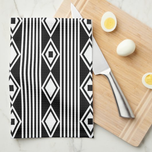 Boho Diamonds Stripes White Black Theedoek (Quarter Fold)